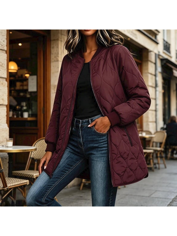 Packable Puffer Jacket Quilted Wine Lightweight Jackets Long Sleeve Mid-Length Tops With Pockets,S