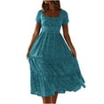 thumbnail image 1 of Ovbmpzd Party Dress Women Elegant Floral Tea Length Blue Formal Dresses Teacher Short Sleeves Casual Square Neckline Dresses,XL, 1 of 6