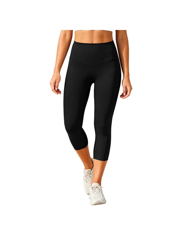 Petite Womens Yoga Pants Capri Black Slim-Leg Mid Wasited Leggings Casual Tummy Control Leggings With Pockets,S