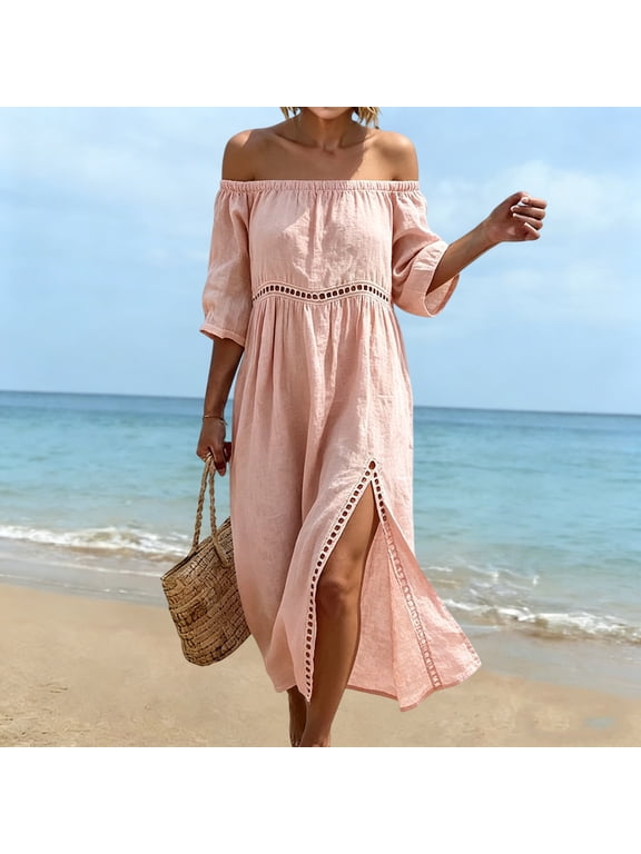 Plain Sexy Women&nbsp;Dresses Beige Off The Shoulder A-Line Long Square Neckline Women'S Dresses,S