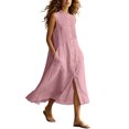 thumbnail image 1 of Ovbmpzd Pleated Summer Dresses for Women Linen Midi Pink Shift Dress Casual Sleeveless Button Down Dresses,M, 1 of 6
