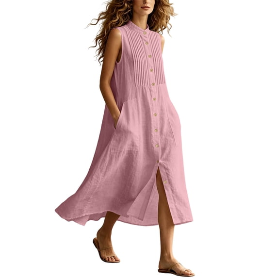 Ovbmpzd Pleated Summer Dresses for Women Linen Midi Pink Shift Dress Casual Sleeveless Button Down Dresses,M
