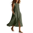 thumbnail image 1 of Ovbmpzd Pleated Womens Summer Dresses Army Green Linen Midi Shift Dress Casual Sleeveless Button Down Dresses,XL, 1 of 6