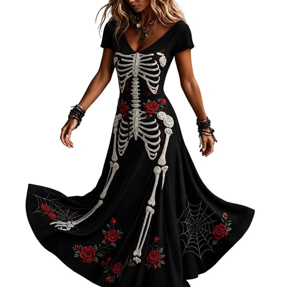 Ovbmpzd Plus Size Halloween Dresses for Women Plus Size Maxi Black Bone Print A-Line Dresses Flowy Short Sleeve V Neck Dresses,XXXXXL