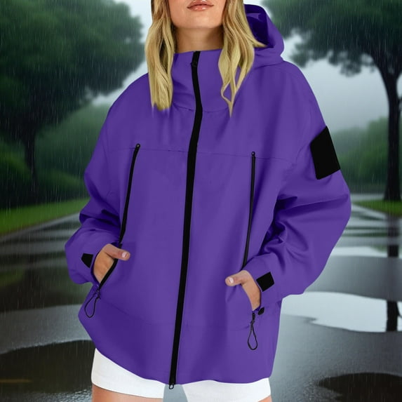 Ovbmpzd Purple Women Rain Jacket Hooded Waterproof Zip Up Plus Size Hiking Long Sleeve Nylon Windbreaker Womens Coats XL