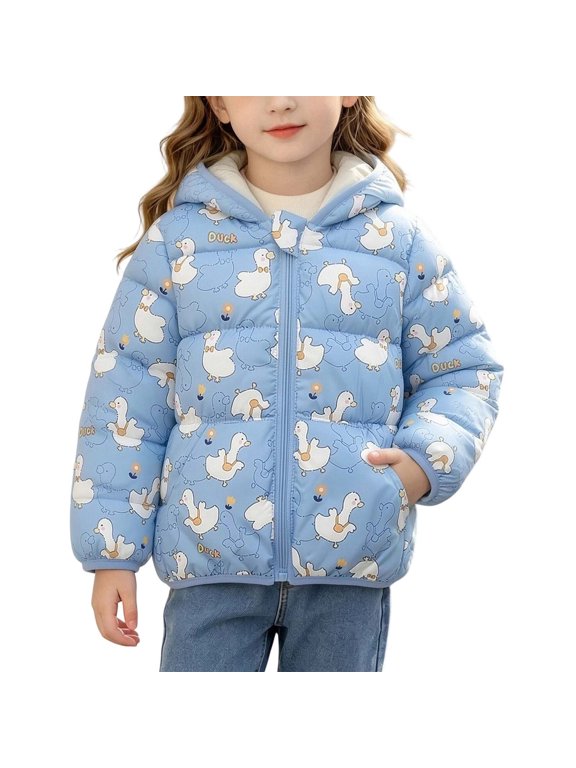 Quilted Puffer Jacket Girls Blue Lightweight Printed Jackets Warm Mid-Length Long Sleeve Jackets,2-3 Years