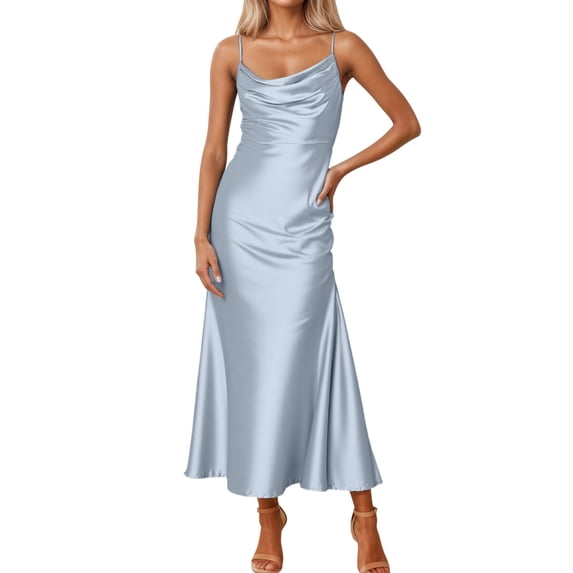 Ovbmpzd Resort Dresses for Women 2026 Vacation Sleeveless Satin Maxi Blue Sleep Dress Dresses Sundresses for Women Over 50 XS