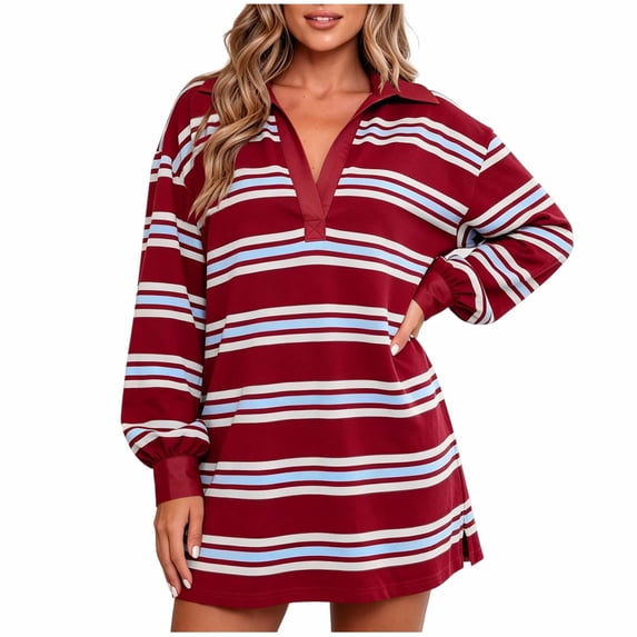 Ovbmpzd Resort Fall Dresses for Women 2026 Long Sleeve Red Striped Mini Shirt Dresses Fitted Casual V Neck Dresses,L