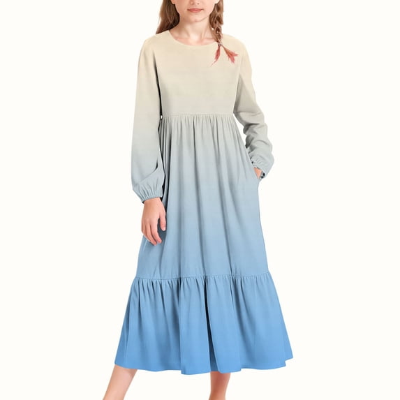 Ovbmpzd Ruffled Big Girls Dresses Gradient Navy Casual Dresses Maxi Pocketed Long Sleeves Dresses,8-9Years