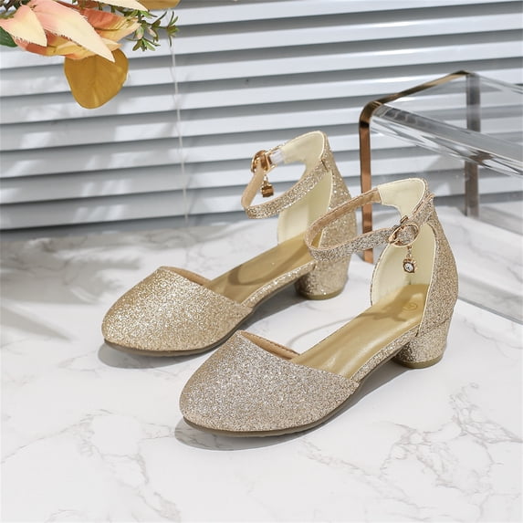 Ovbmpzd Sandals for Girls High Heels Closed Toe Dress Gold Sandals Party Summer Dance Wedding Ankle Strap Shoes for Little Big Kid