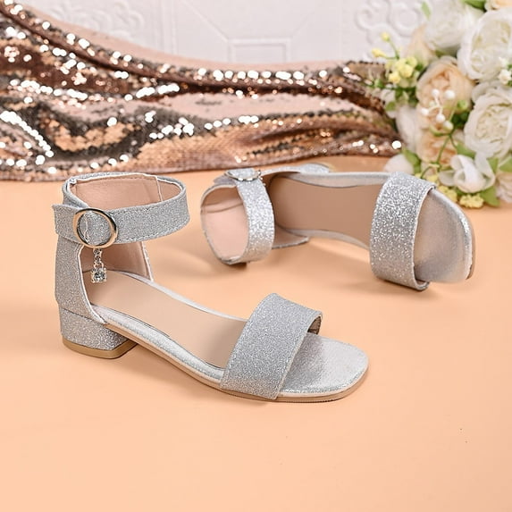Ovbmpzd Sandals for Girls Size 11 Chunky Heels Open Toe Sequin Summer Sandals Wedding Dress Princess Ankle Strap Party Shoes for Little Big Kid