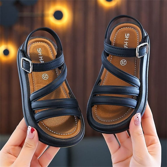 Ovbmpzd Sandals for Girls Size 6 Black Open Toe Beach Summer Flat Sandals Holiday Adjustable Straps Water Shoes for Little Big Kid