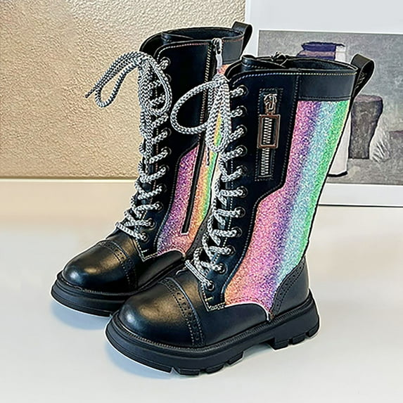 Ovbmpzd Side Zipper Girls Riding Boots Little Kids Mid Calf Lace Up Black Leather Laser Boots Girl's Boots Size 13