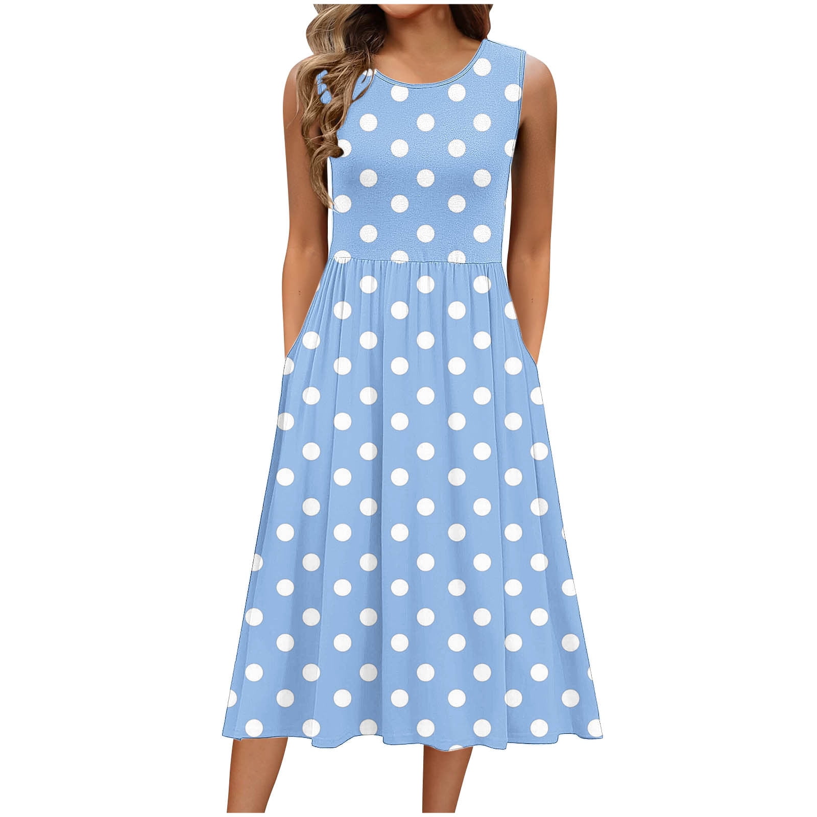 Sleeveless Dresses for Women 2026 Polka Dot Midi Blue Dress Knee Length Dresses Evening Dresses for Women S