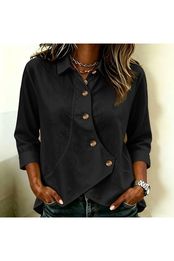 Solid Women'S Fall And Winter Tops Blouse Black Lapel Regular Collared 3/4 Sleeve Tops Tops,S