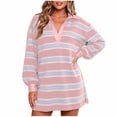 thumbnail image 1 of Ovbmpzd Striped Cozy Winter Dresses for Women Resort Hot Pink Mini Shirt Dresses V Neck Casual Fitted Dresses,S, 1 of 6
