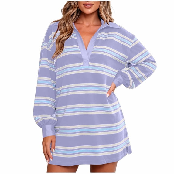 Ovbmpzd Striped Fall Fashion Dresses for Women Mini Resort Purple Shirt Dresses V Neck Casual Fitted Dresses,XXL