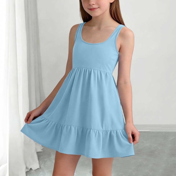 Ovbmpzd Summer Big Girls Dresses Light Blue Ruffled Dresses Comfortable Casual Sleeveless Dresses,7-8 Years