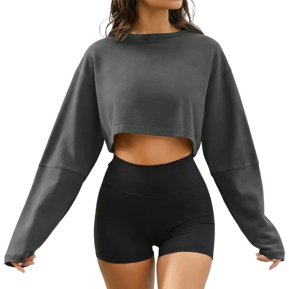 Ovbmpzd Summer Crew Neck Sweatshirt For Women Long Sleeve Trendy Cropped Shirts Gray Spring Casual Cute Tops