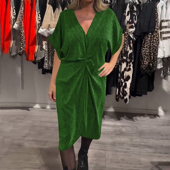 Ovbmpzd Summer Dresses for Women Bat Sleeve Wedding Guest Green Midi Dress V Neck Dresses Party Dresses for Women M