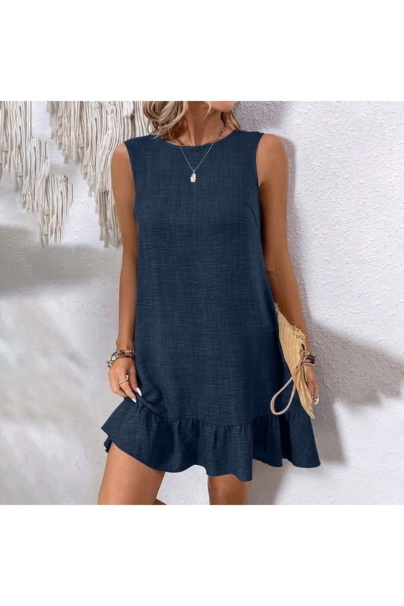 Summer Dresses for Women Linen Mini Blue Sleeveless Dress Solid Dresses Cruise Dresses for Women L