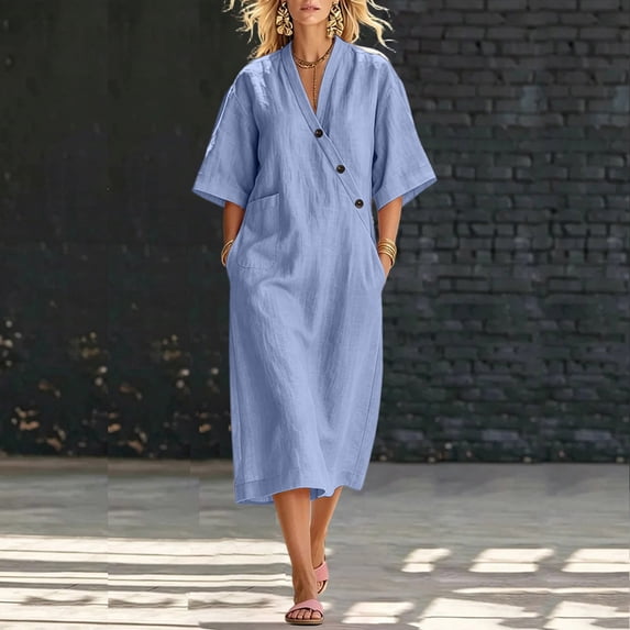Ovbmpzd Summer Long Boho Beach Dresses for Women Linen Loose Sundresses Blue V-Neck Short Sleeves T-Shirt Dresses With Pockets,S