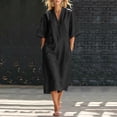 thumbnail image 1 of Ovbmpzd Summer Long Boho Beach Dresses for Women Linen Loose Sundresses V-Neck Short Sleeves Black T-Shirt Dresses With Pockets,L, 1 of 6