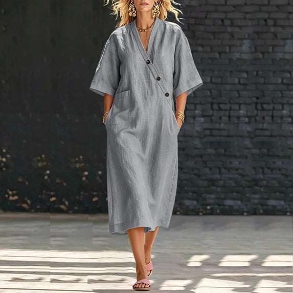 Ovbmpzd Summer Long Boho Beach Dresses for Women Loose Linen Sundresses Gray Short Sleeves V-Neck T-Shirt Dresses With Pockets,XL