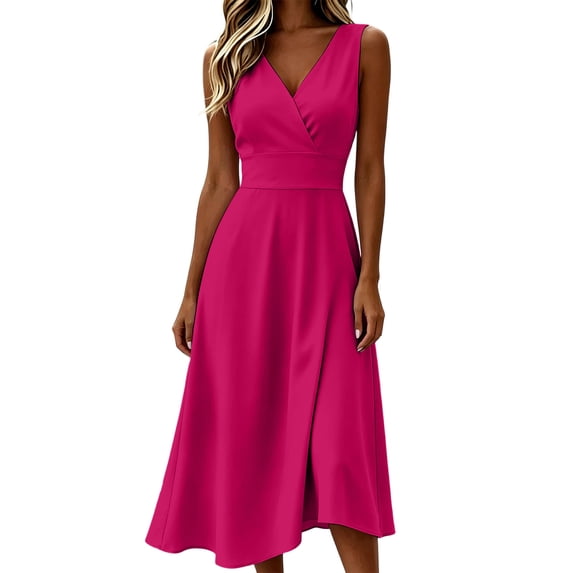 Ovbmpzd Summer Long Wedding Guest Dresses for Women Plus Size Elegant Flowy formal Dresses Hot Pink Sleeveless V-Neck Tank Dresses,S