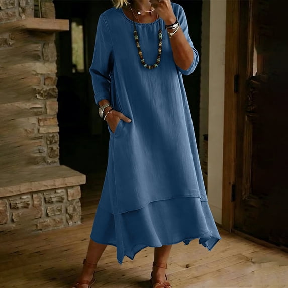 Ovbmpzd Summer Maxi Dresses for Women With Long Sleeves Tiered Boho Loose Shirt Dresses Navy Crew Neck Casual Dresses With Pockets,M