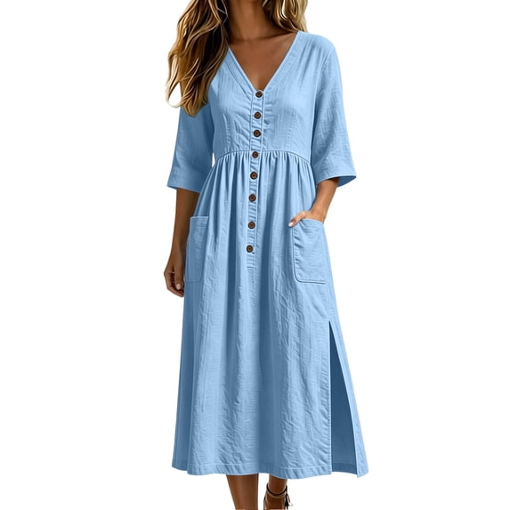 Ovbmpzd Summer Teacher Dresses for Women 2026 With 3/4 Sleeves Teacher Slit Side V-Neck Blue Fall Dresses With Pockets,XXL