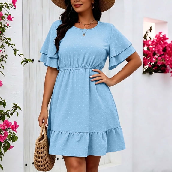 Ovbmpzd Swing Summer Loose Mini Dresses for Women And WomenʼS Plus Ruffled Short Sleeve Tiered Dresses Crew Neck Blue Elastic Waist Shirt Dresses,XXXXL