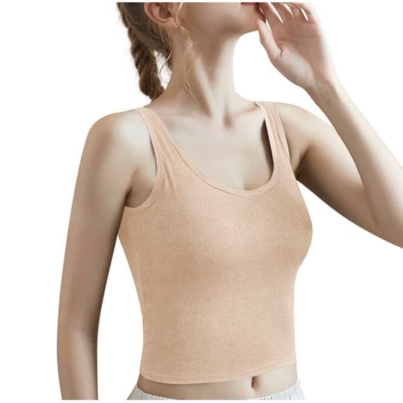 Ovbmpzd Tank Top for Women with Built in Bra Spaghetti Straps Cropped Beige Cotton Camisole Sleeveless Spring Summer Shirt Womens Tops L