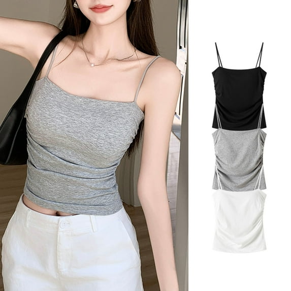 Ovbmpzd Tank Tops for Women Cropped Gray Fitted Spaghetti Straps with Built in Bra Camisole Sleeveless Spring Summer Shirt women's Tops S
