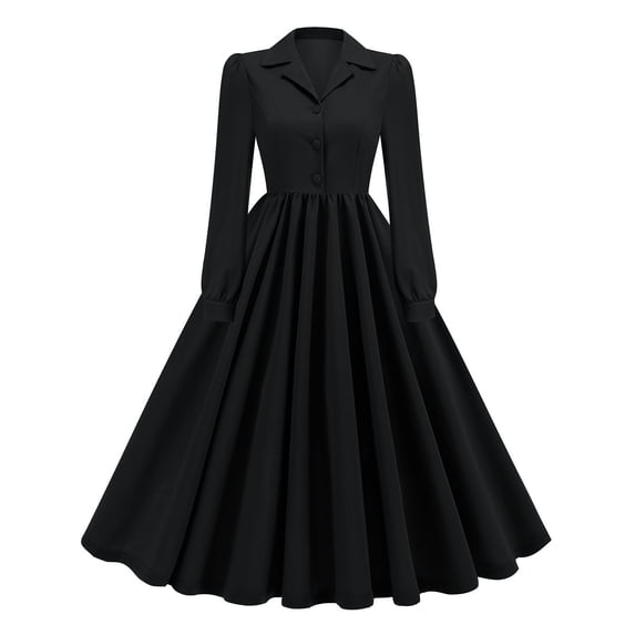 Ovbmpzd Tea-Length Vintage Dresses for Women 50s Long Sleeves Elegant Black Fit And Flare Wedding Guest Dresses A-Line Pleated Dresses