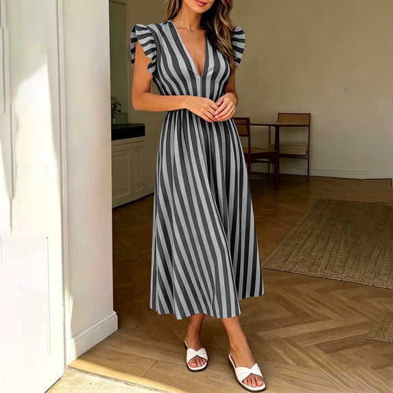 Ovbmpzd Tea-Length Womens Dresses Summer Striped Maxi Peasant Black Dresses Casual Sleeveless V-Neck Dresses Summer Dresses,M