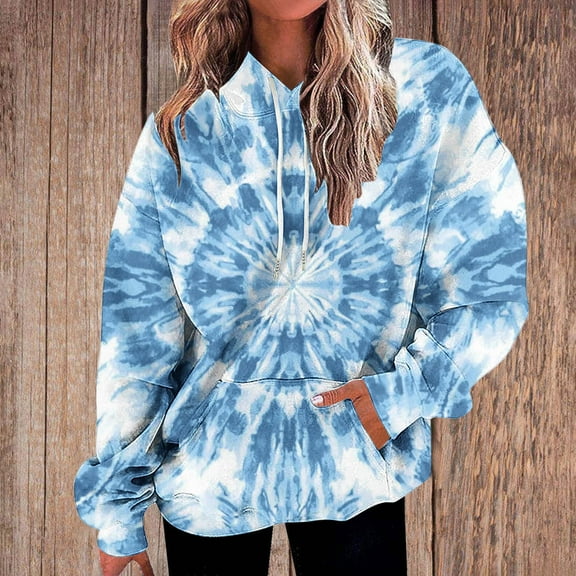Ovbmpzd Tie-Dye Fall Sweatshirt Winter Soft Light blue Comfy Hooded Pockets Sweatshirts Petite Tops for Women