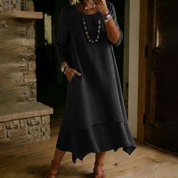 Ovbmpzd Tiered Summer Maxi Dresses for Women With Long Sleeves Loose Boho Shirt Dresses Casual Black Crew Neck Dresses With Pockets,L