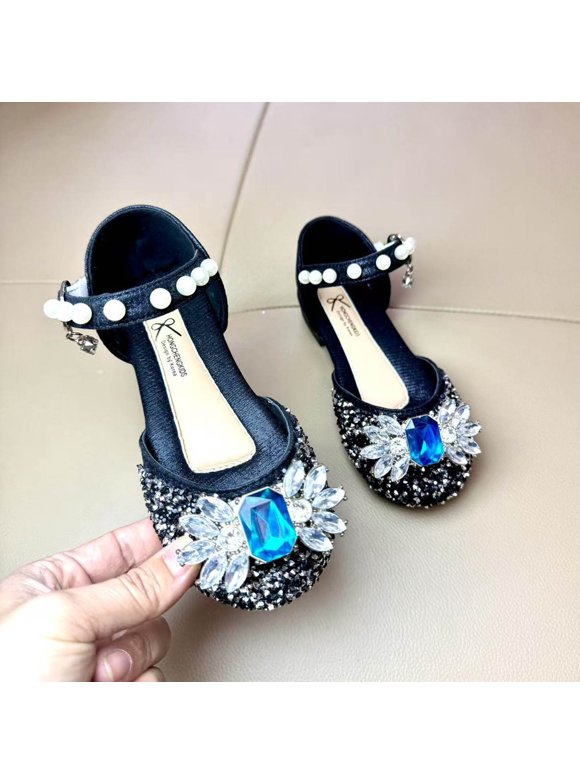 Toddler Girl Sandals Black Summer Bow Closed Toe Flat Sandals Strappy Rhinestone Wedding Party Shoes for Little Big Kid