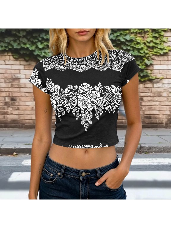 Tops for Women Summer Short Sleeve Black Casual Relaxed Fit Crew Neck Pull-On T-Shirts Womens Top,S