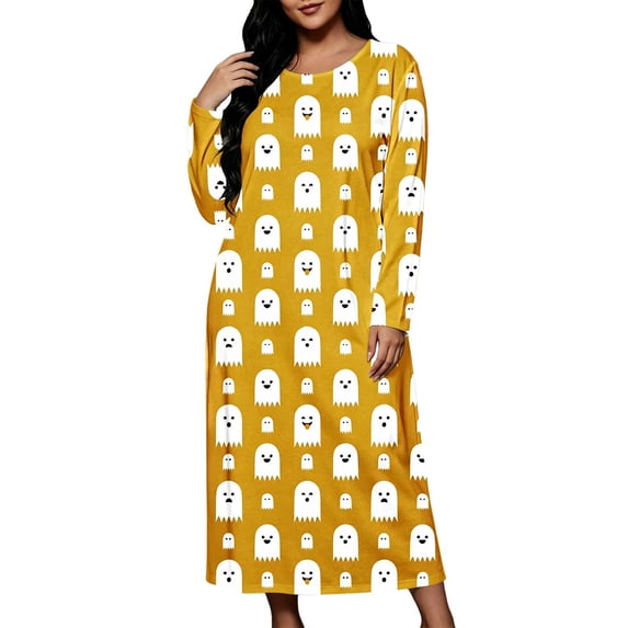 Ovbmpzd Transitional Fall Dresses for Women Maxi Ghost Print Yellow Plus Size Dresses Crew Neck Loose Soft Nightgown,XL