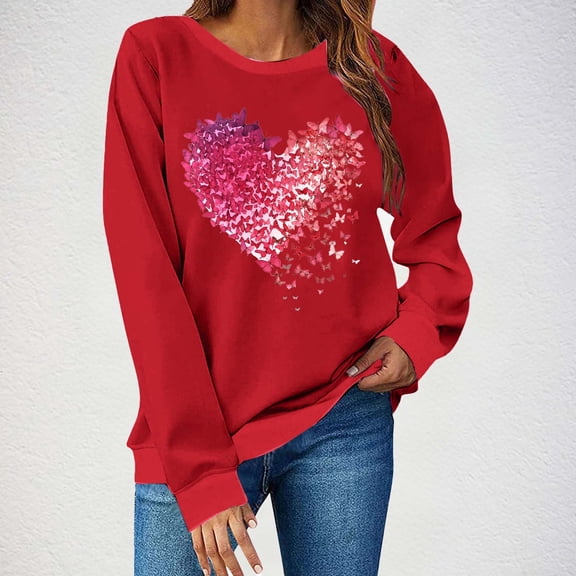 Ovbmpzd Valentines Day Sweatshirts Women Cute Crew Neck Heart Print Shirts Long Sleeve Red Dating Dressy Tops for Women L