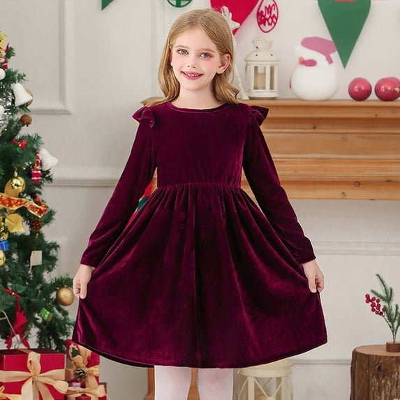 Ovbmpzd Velvet Little Girls Dresses Red Flutter Sleeve Party Dresses A-Line Christmas Princess Dresses,5 Years