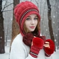 thumbnail image 1 of Ovbmpzd Warm Hat for Women Winter Cold Weather Thermal Red Soft Gloves Set Knitted Cap with Pom Poms Beanies Women, 1 of 5