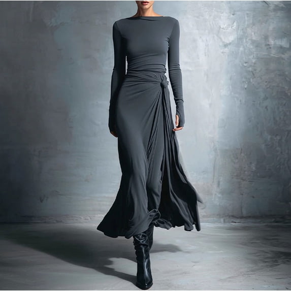 Ovbmpzd Wedding Guest Fall Maxi Dresses for Women Long Sleeves Sexy Dark Gray Elegant Bodycon Dresses Slim Causal Crew Neck Dresses