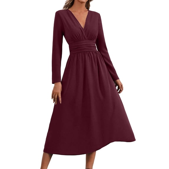 Ovbmpzd Wedding Guest Fall Midi A-Line Dresses for Women Long Sleeves Elegant Red Pleated Dresses Casual V Neck Smock Waisted Dresses