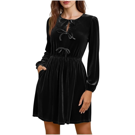 Ovbmpzd Wedding Guest Winter Mini Party Dresses for Women Funeral Elegant formal Dresses Crew Neck Black Vevlet Party Dresses With Pocket,L