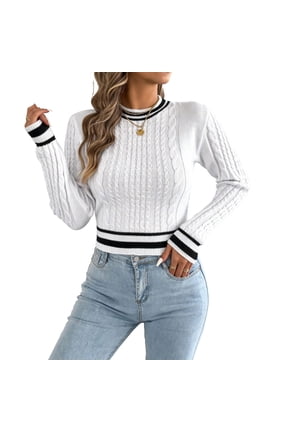 White Sweater Women Knitted Choker Neck Striped Sweater Trendy Lightweight Casual Tops,XL