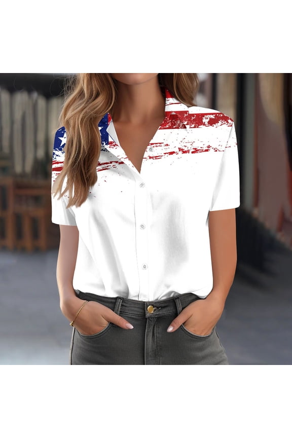 White Tops for Women Trendy Trendy Summer Short Sleeve Casual Regular Fourth Of July Collared Blouses & Tops Tops for Women,XL