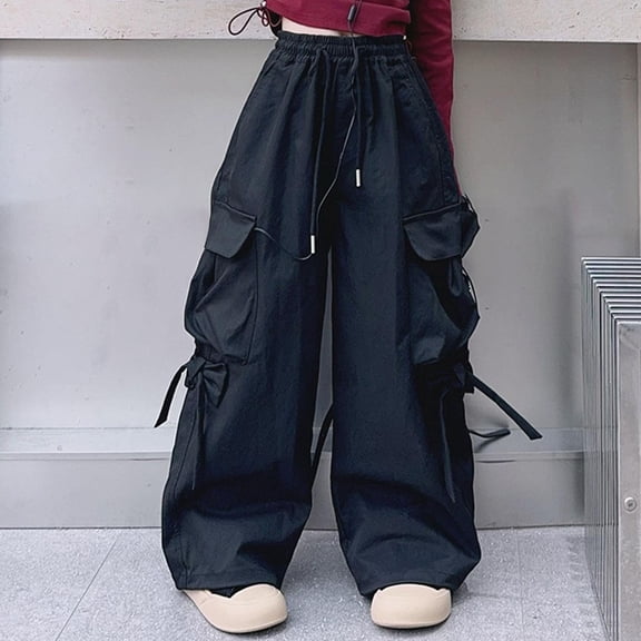 Ovbmpzd Wide Leg Pants for Girls Boys Black Cargo Cotton Pants Baggy Parachute Drawstring Pants Kids Pants Size 5